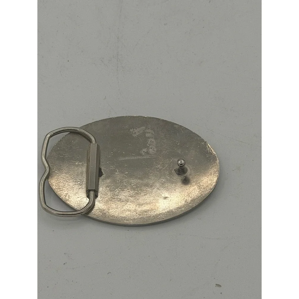 Vintage Western Enamel Horse Belt Buckle Oval Silver Tone Equestrian Glossy